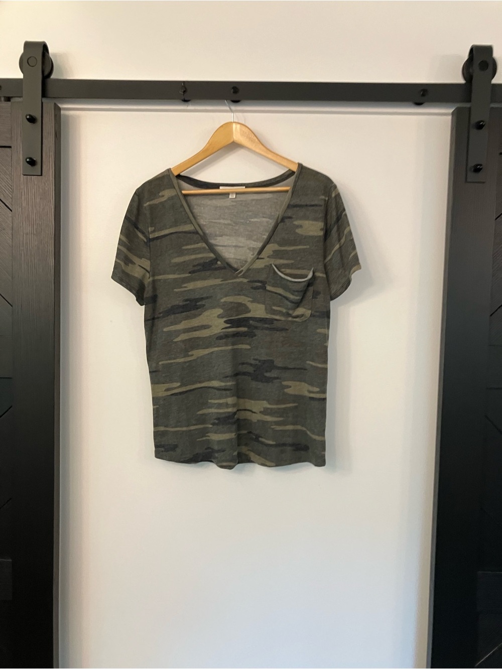 Socialite Olive Camo V-Neck Short Sleeve Pocket Tee